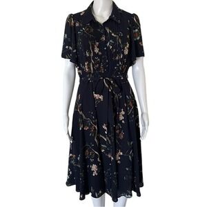 Nanette Naneette Lepore Navy Blue Floral Button Down With Slip Shirt Dress - 8